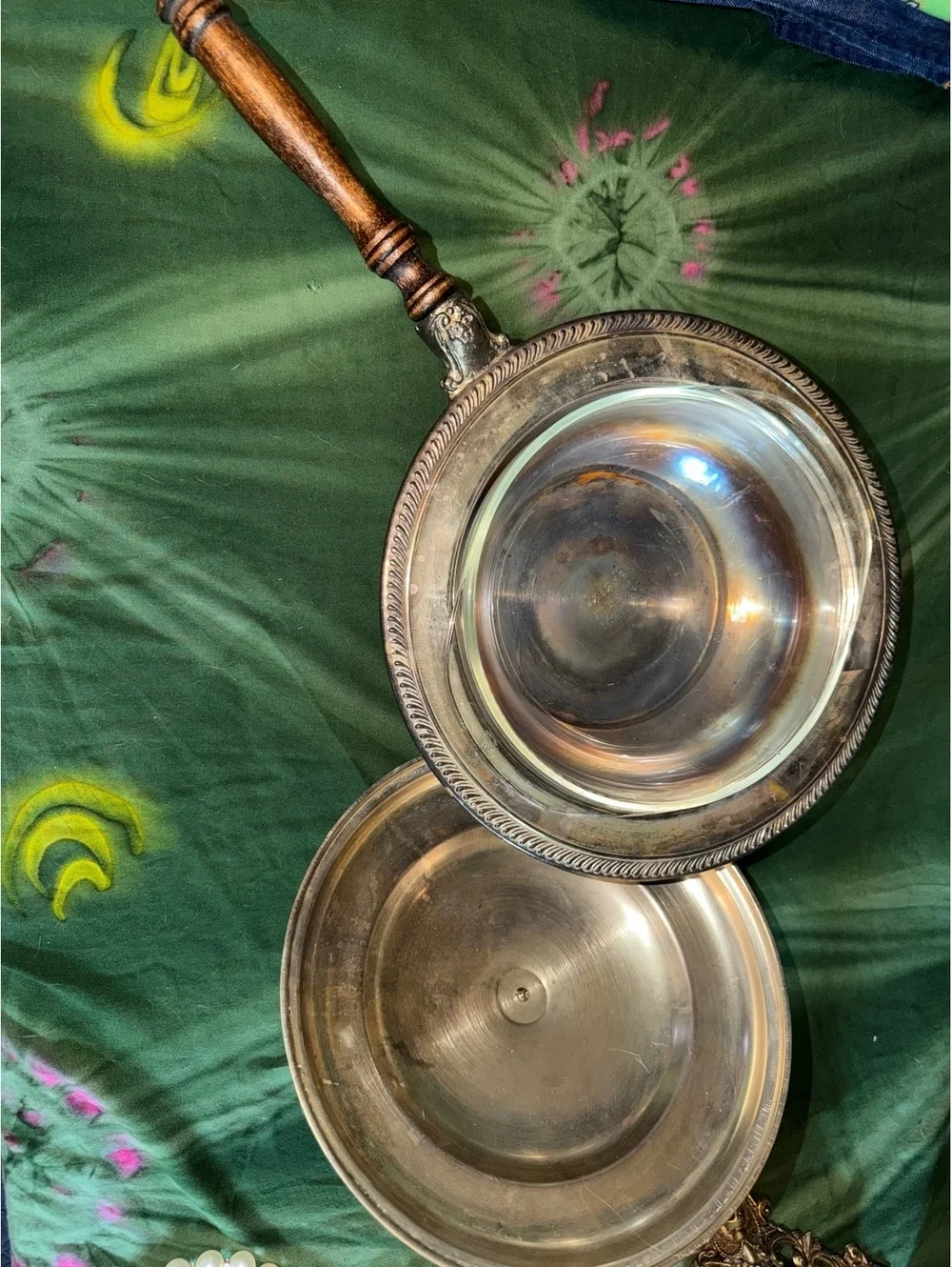 Vintage Silver Serving Pan with Wooden Handle and Lid